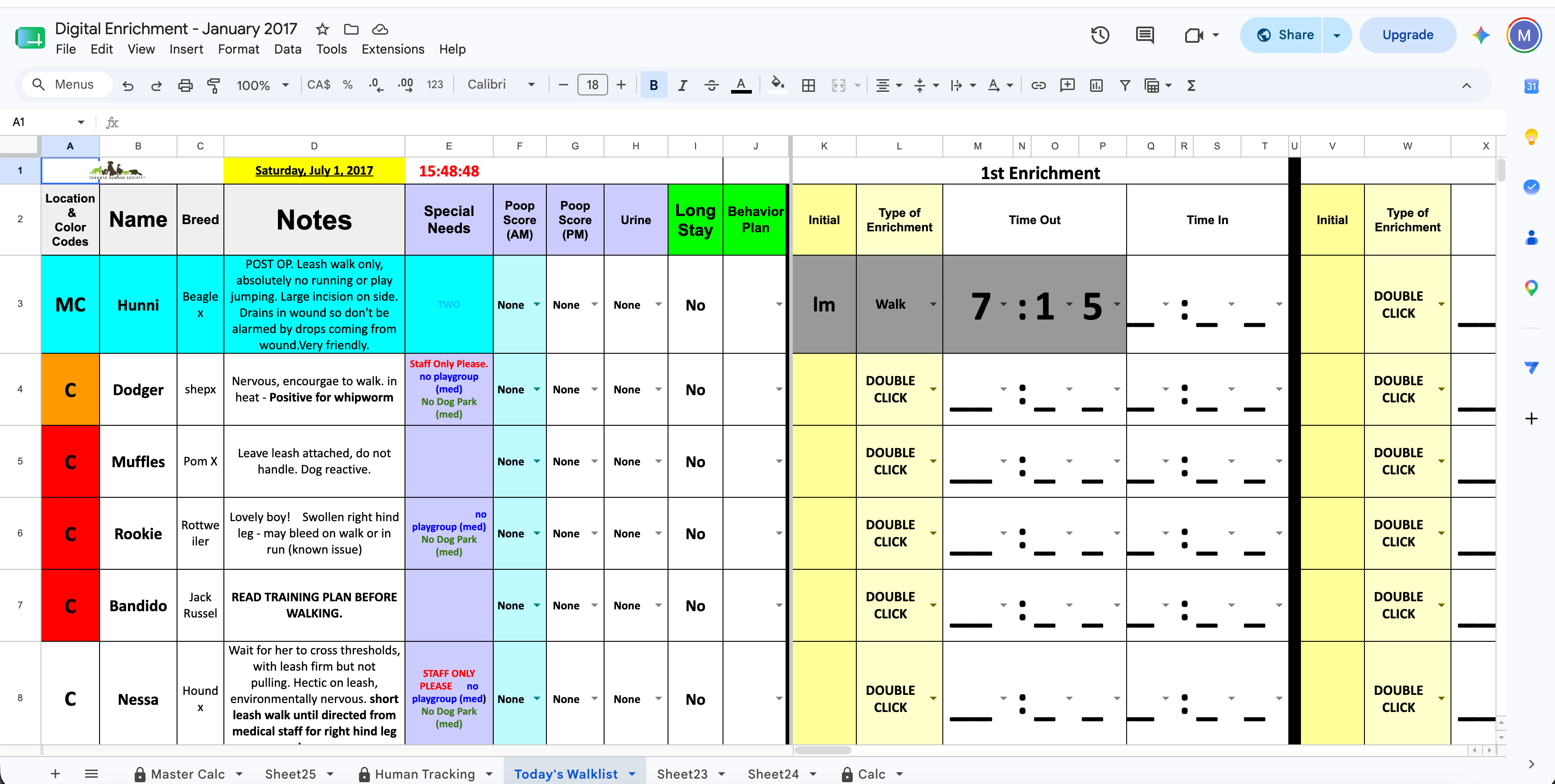Screenshot of the Digital Enrichment Google Sheets walk list with notes, special needs, and first enrichment columns