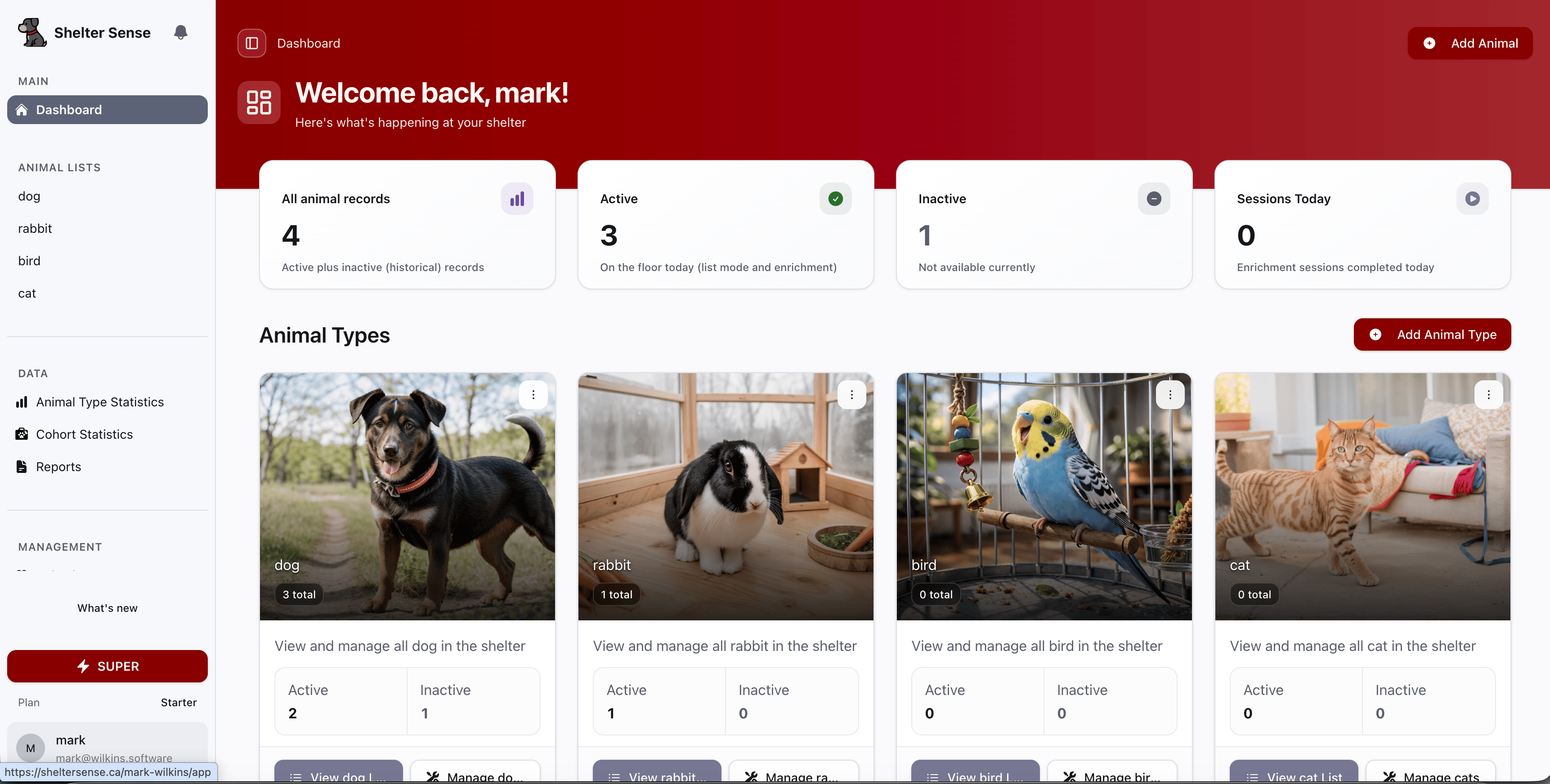 Shelter Sense dashboard showing animal type cards for dog, rabbit, bird, and cat with active and inactive counts