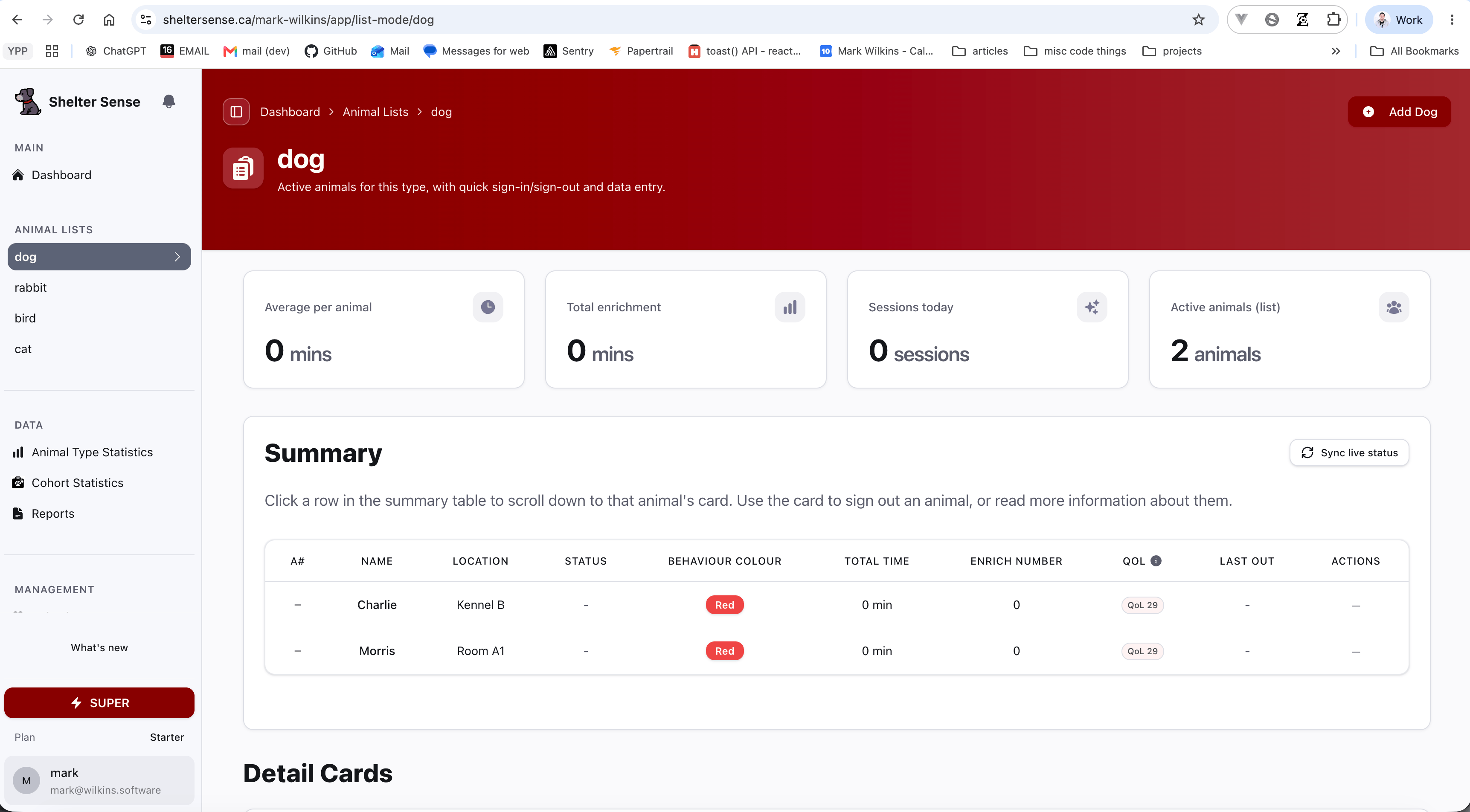 Shelter Sense dog list-mode page with summary table, enrichment stats, and live sign-in status